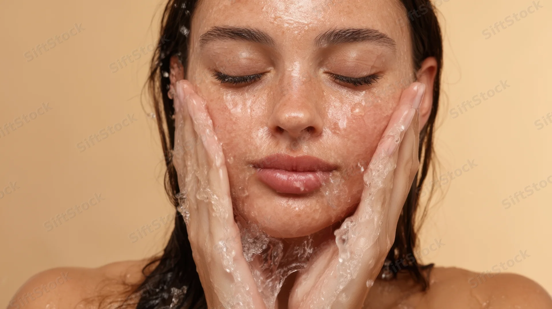Woman cleansing her face with water and foam, close-up view
