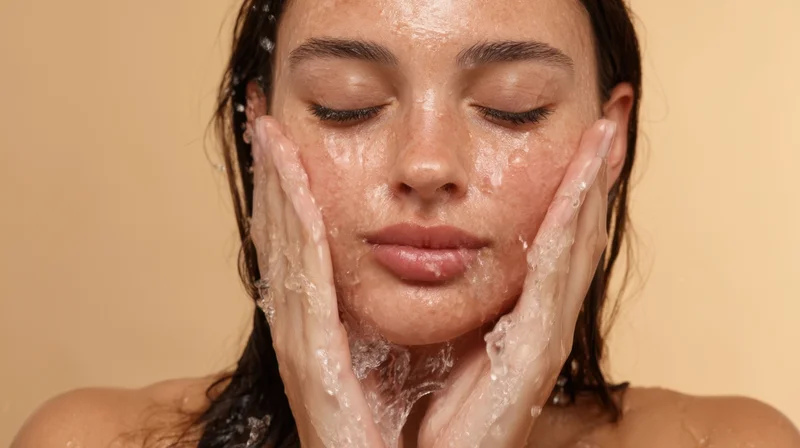 Woman cleansing her face with water and foam, close-up view