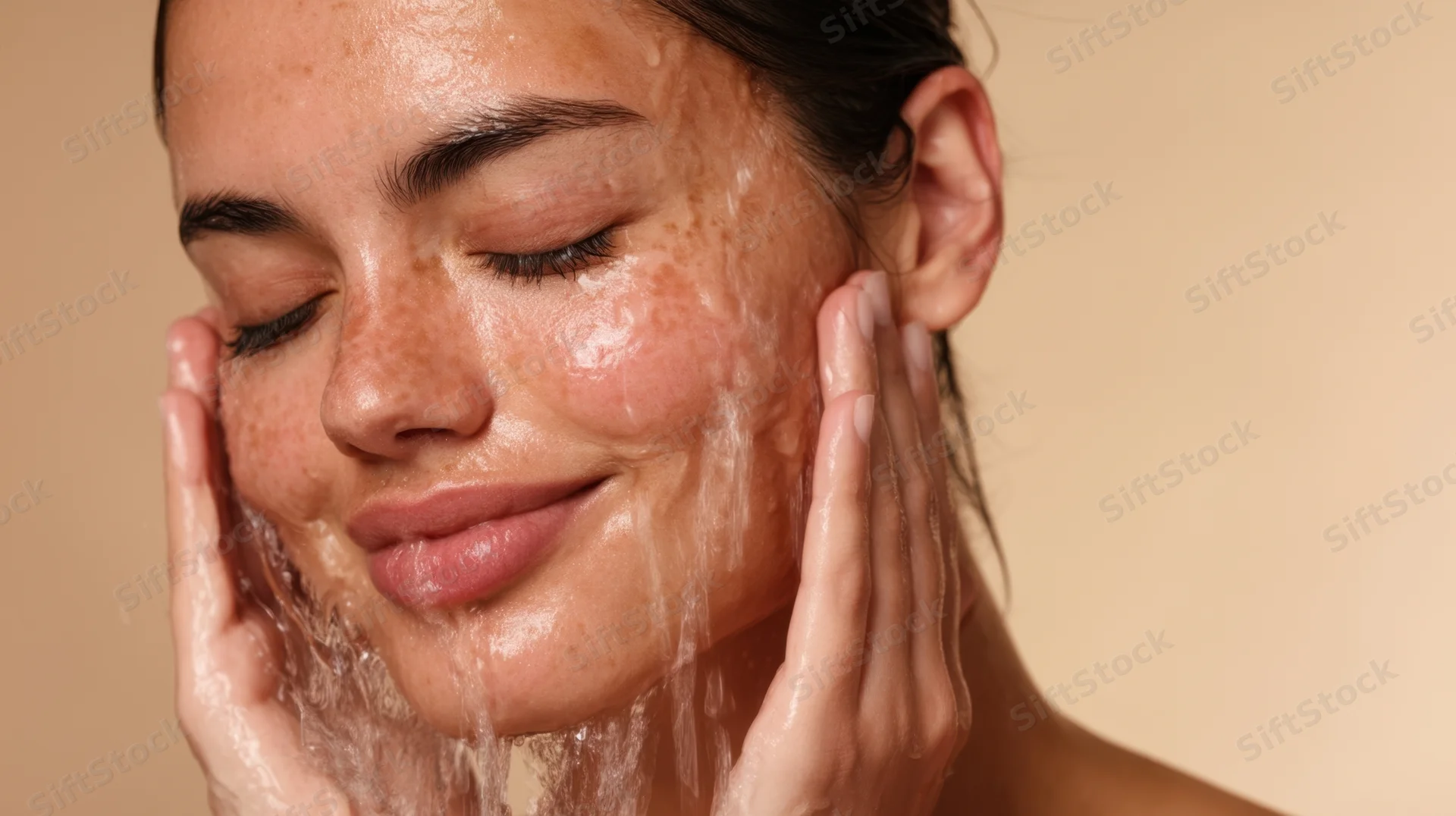 Woman cleansing her face with water and hands during skincare routine