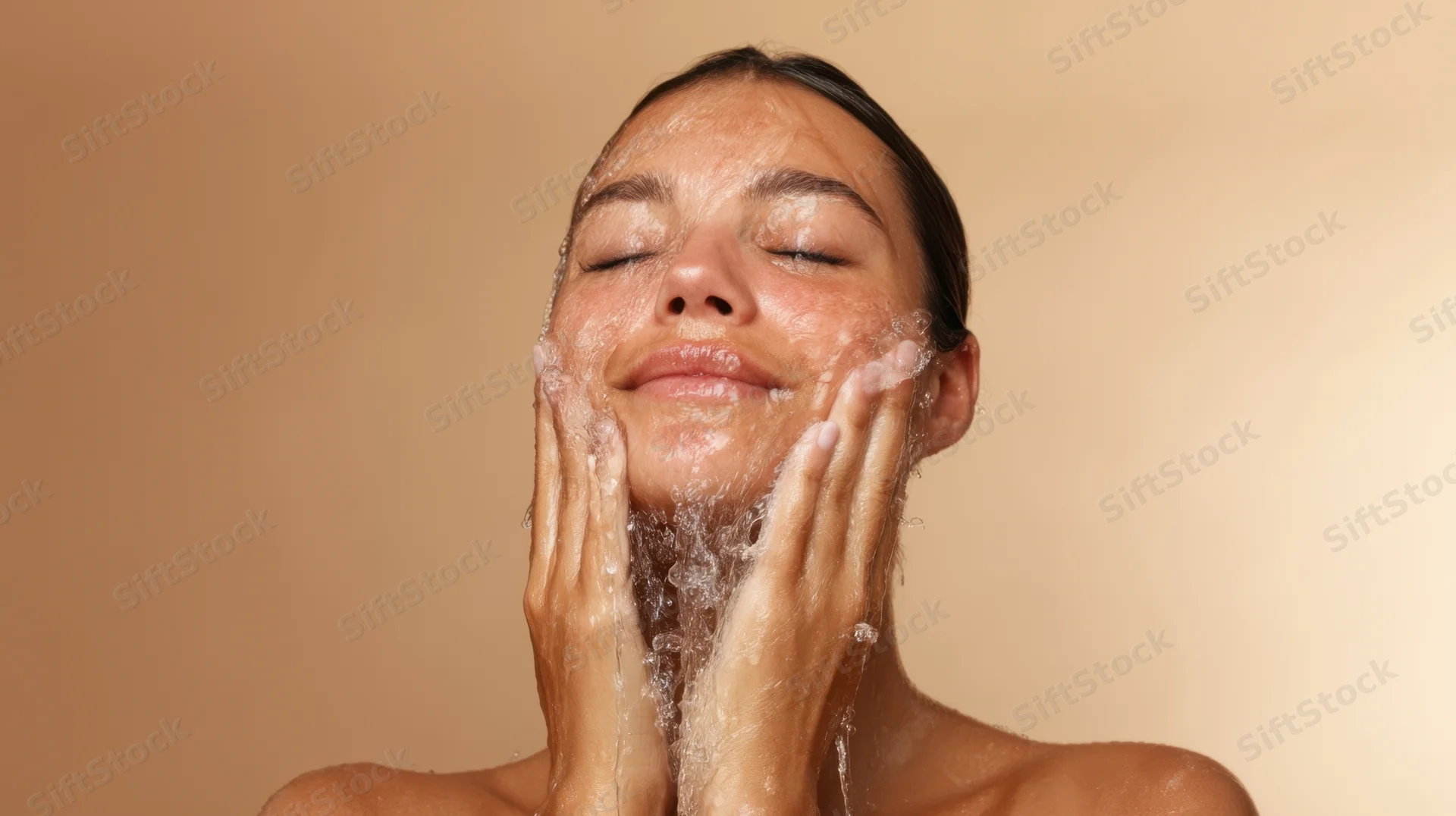 Woman cleansing her face with water using hands in a skincare routine