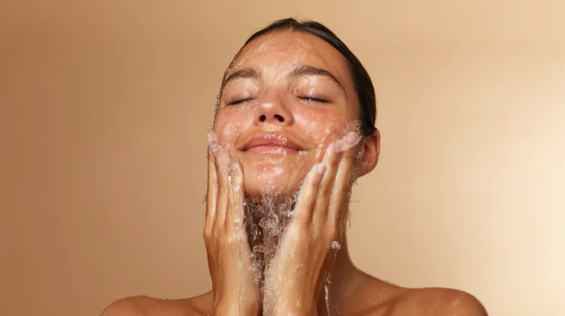 Woman cleansing her face with water using hands in a skincare routine