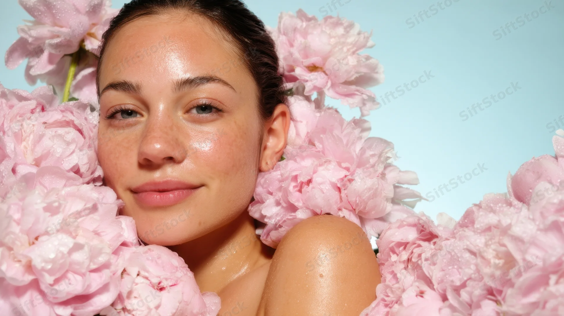 Young woman with glowing skin surrounded by pink peonies in a studio setting
