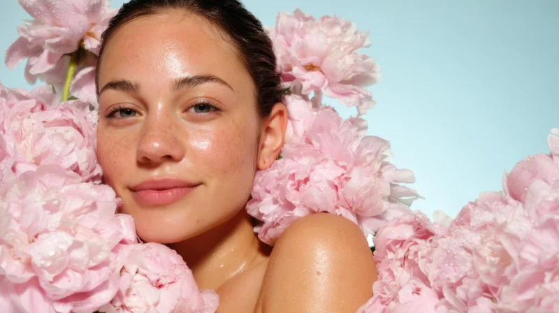 Young woman with glowing skin surrounded by pink peonies in a studio setting