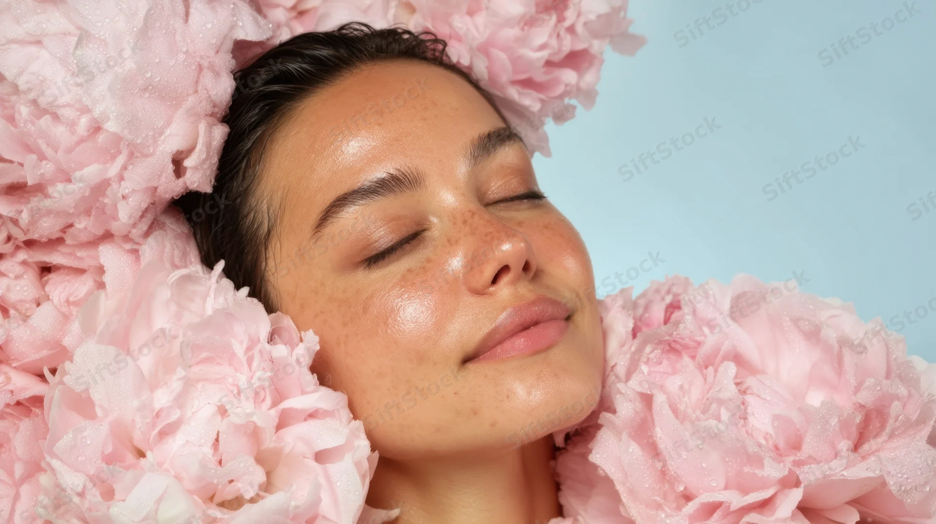 Woman with closed eyes resting among pink peonies, soft light on her face