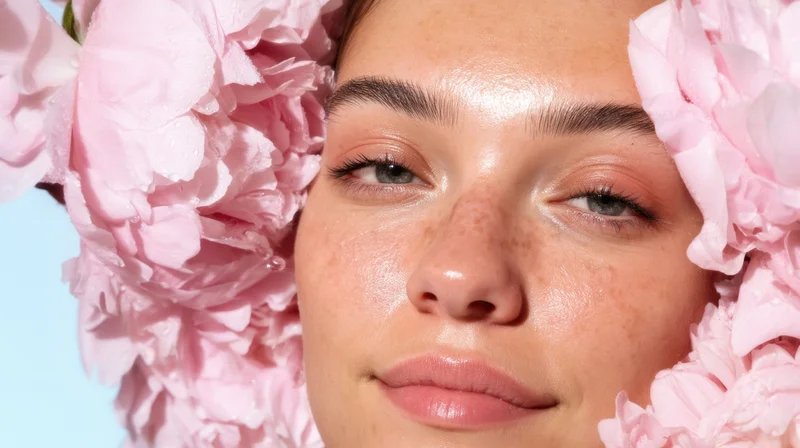 Closeup of a woman’s face framed by pink peonies, skin glowing with natural radiance