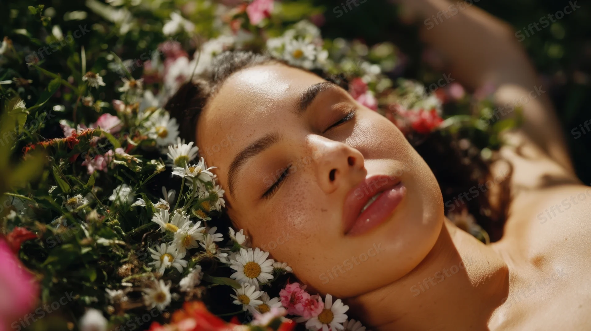 Young woman lying with eyes closed among wildflowers in a sunlit garden