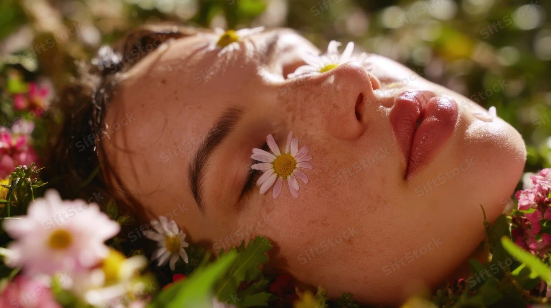 Young woman with closed eyes resting among daisies and green foliage in a garden