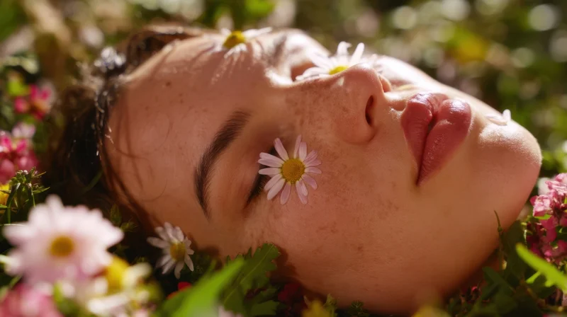 Young woman with closed eyes resting among daisies and green foliage in a garden