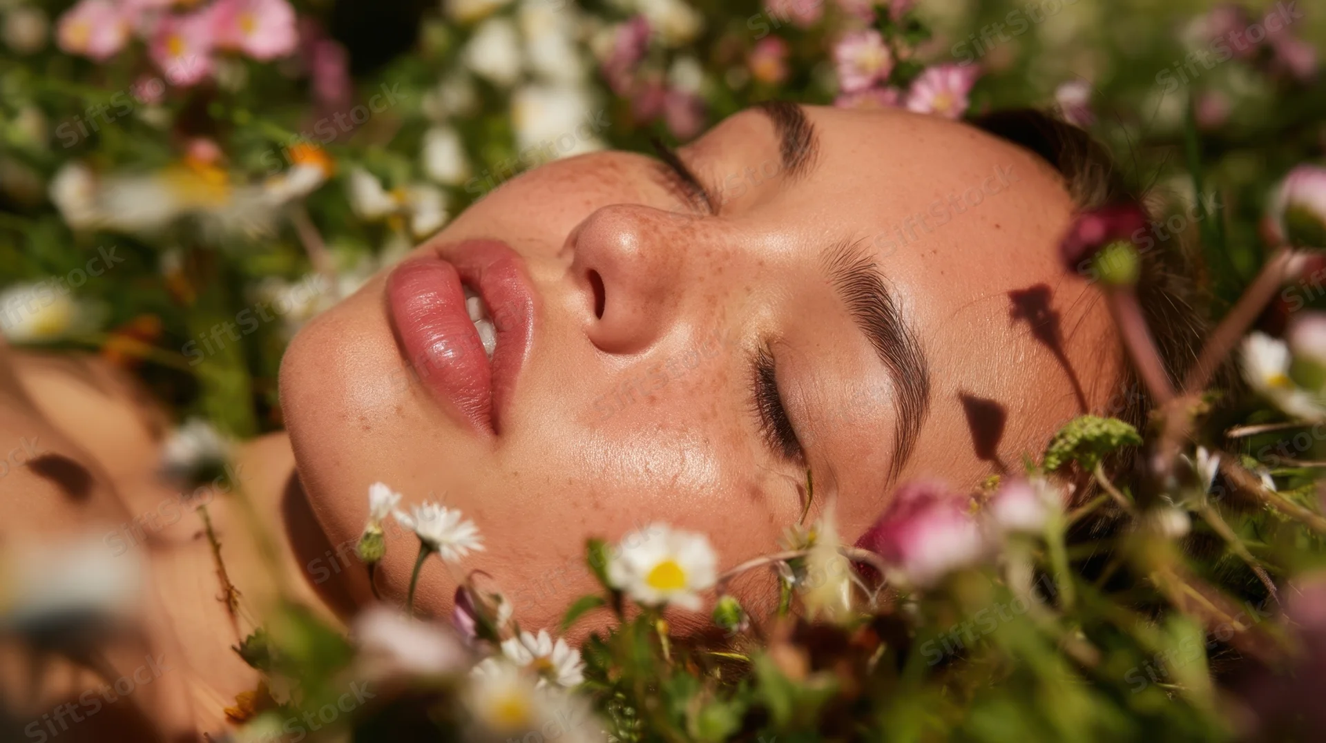Woman lying among wildflowers with eyes closed in a garden