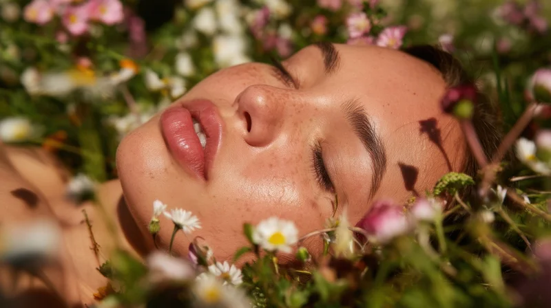 Woman lying among wildflowers with eyes closed in a garden