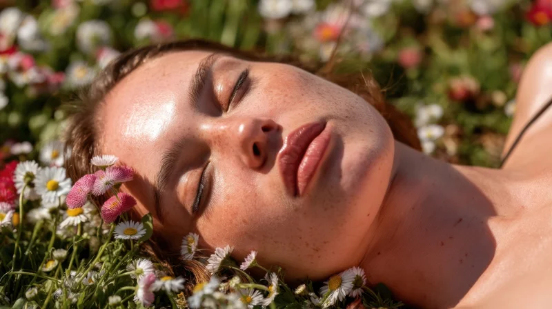 Young woman lying with eyes closed among daisies and pink flowers in a sunlit garden