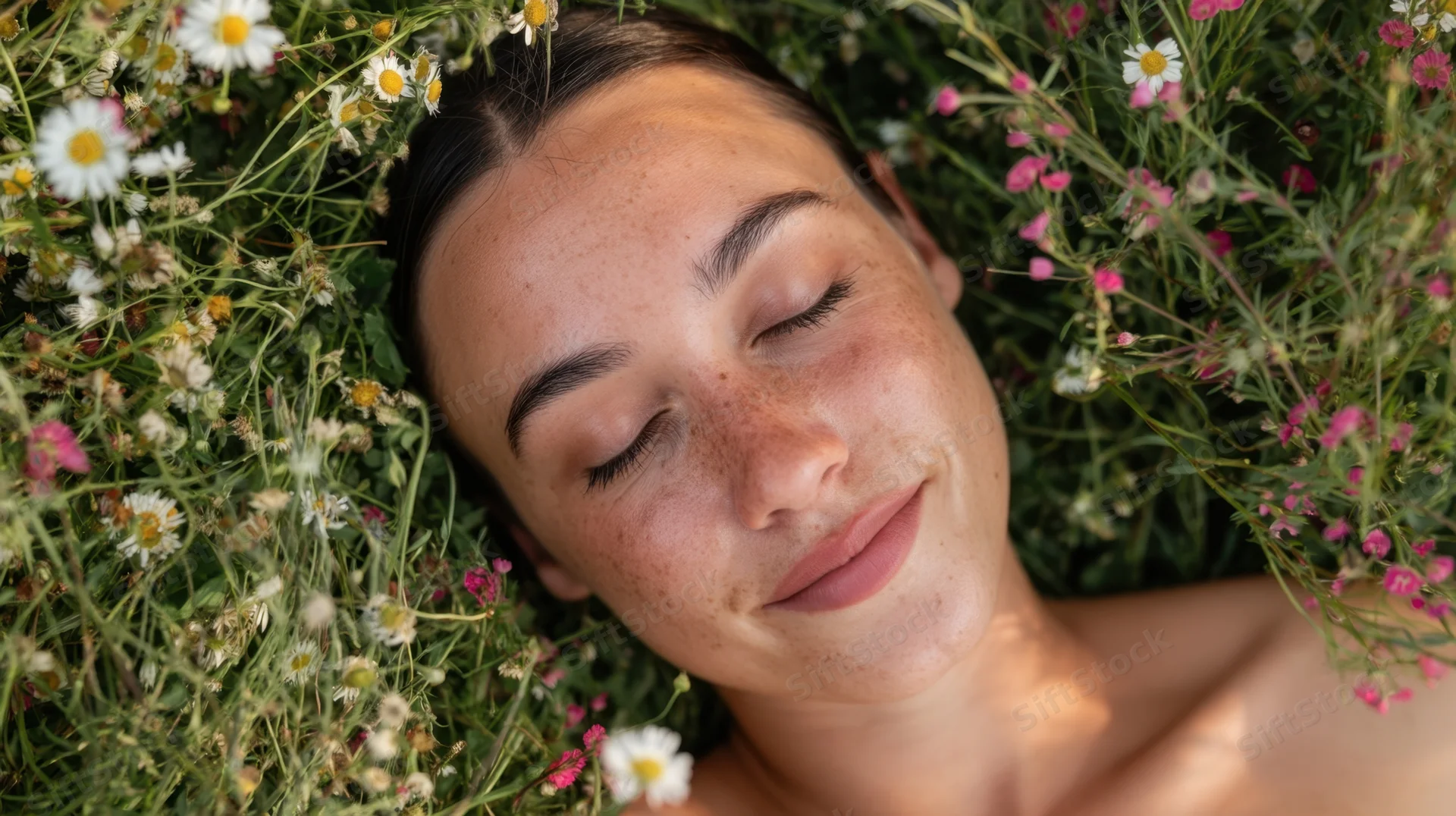 Young woman lying with eyes closed among wildflowers in a garden