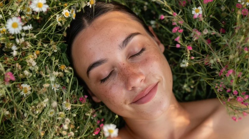 Young woman lying with eyes closed among wildflowers in a garden