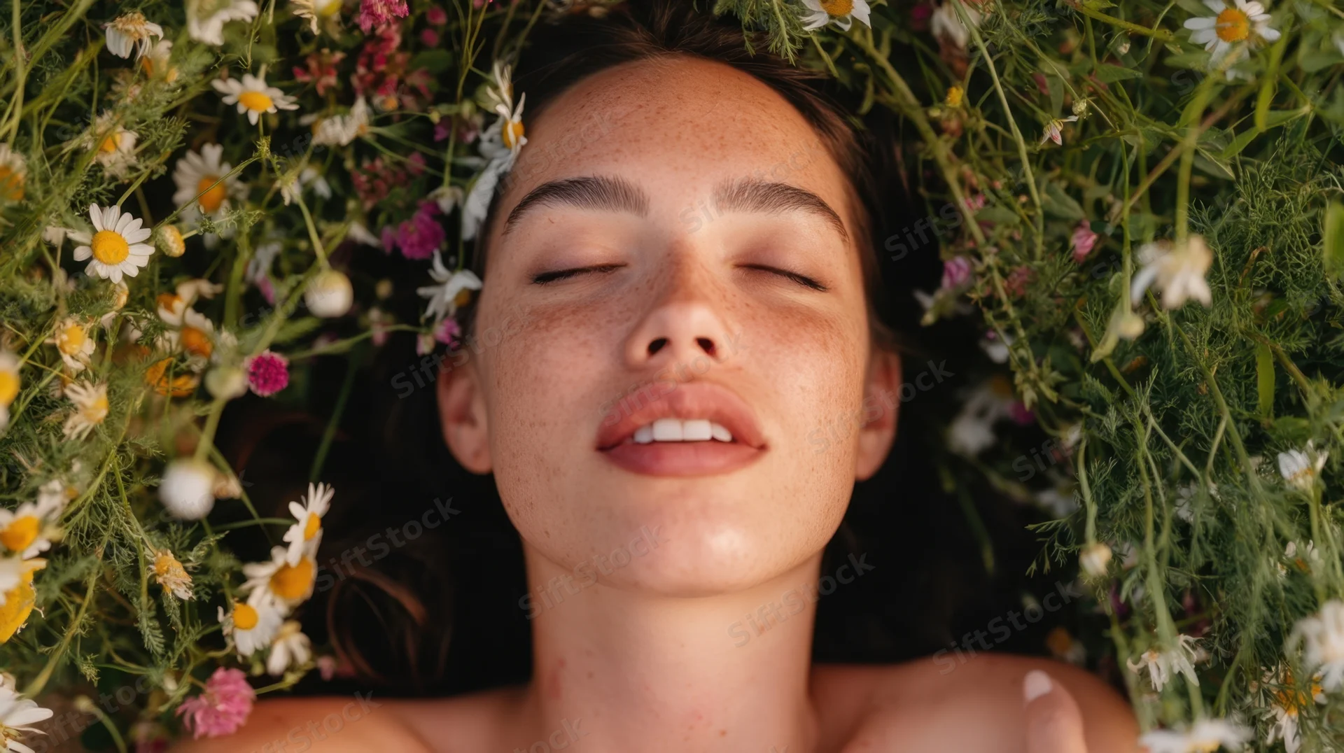 Young woman lying with eyes closed among wildflowers in a garden
