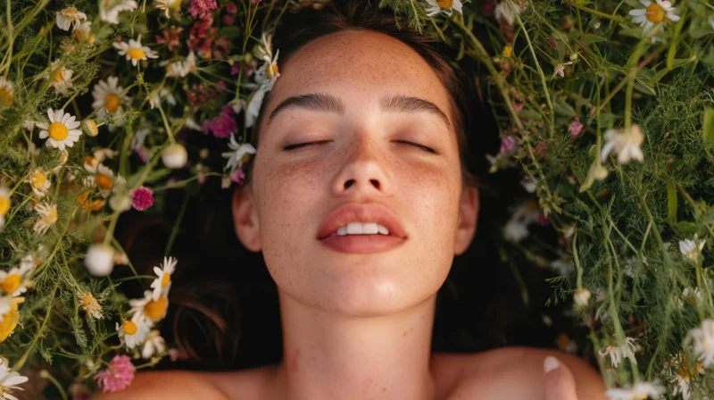 Young woman lying with eyes closed among wildflowers in a garden