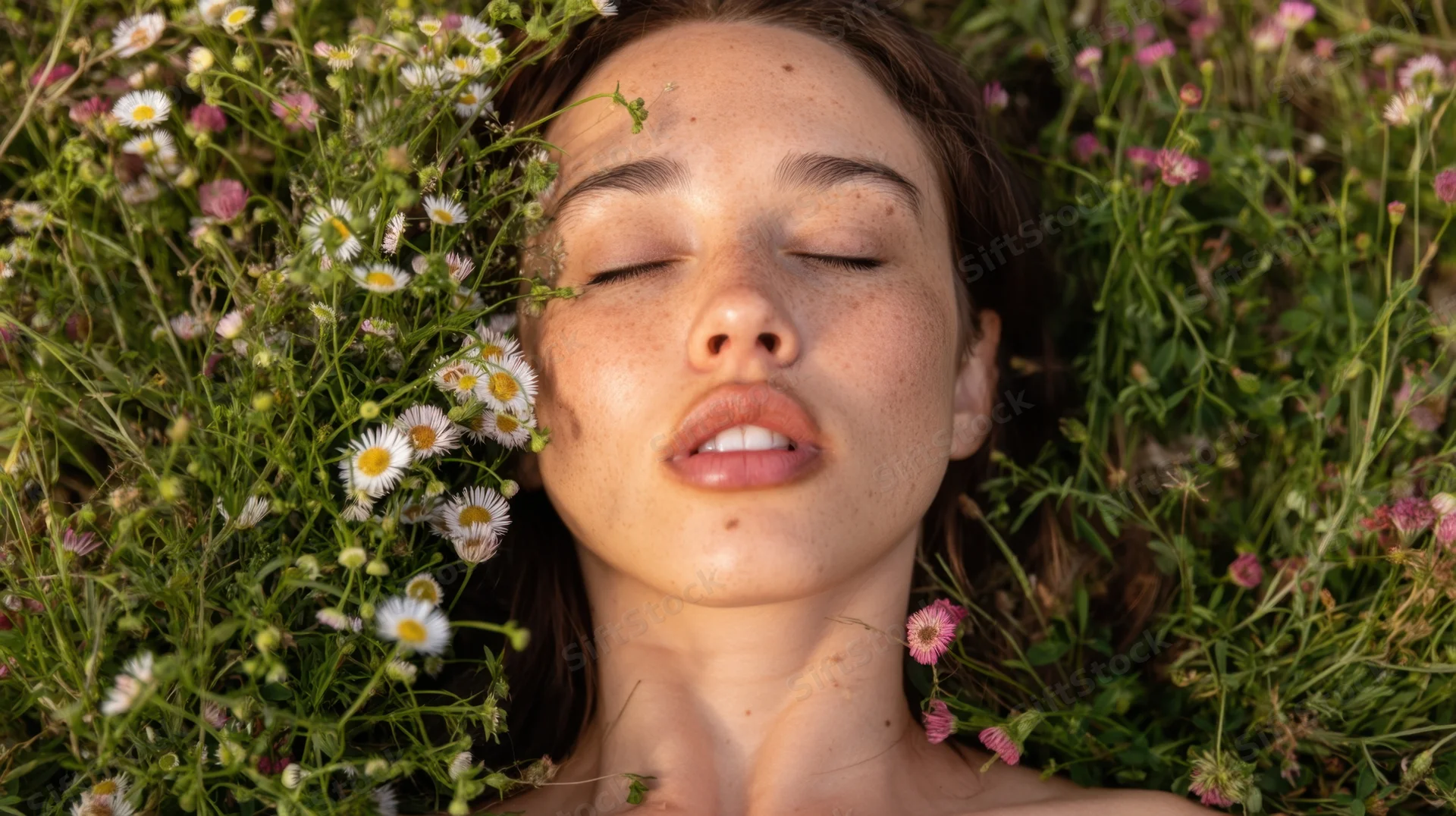 Woman lying in wildflowers with eyes closed, surrounded by daisies and pink blooms in a sunlit meadow