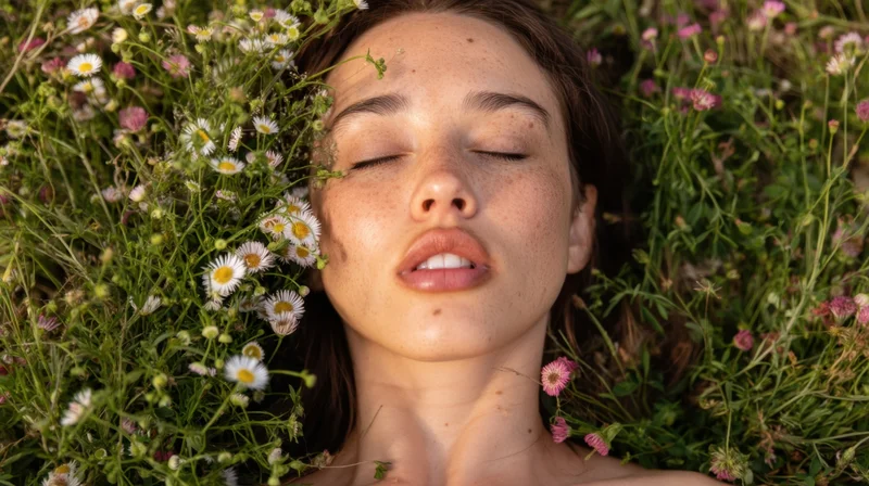Woman lying in wildflowers with eyes closed, surrounded by daisies and pink blooms in a sunlit meadow