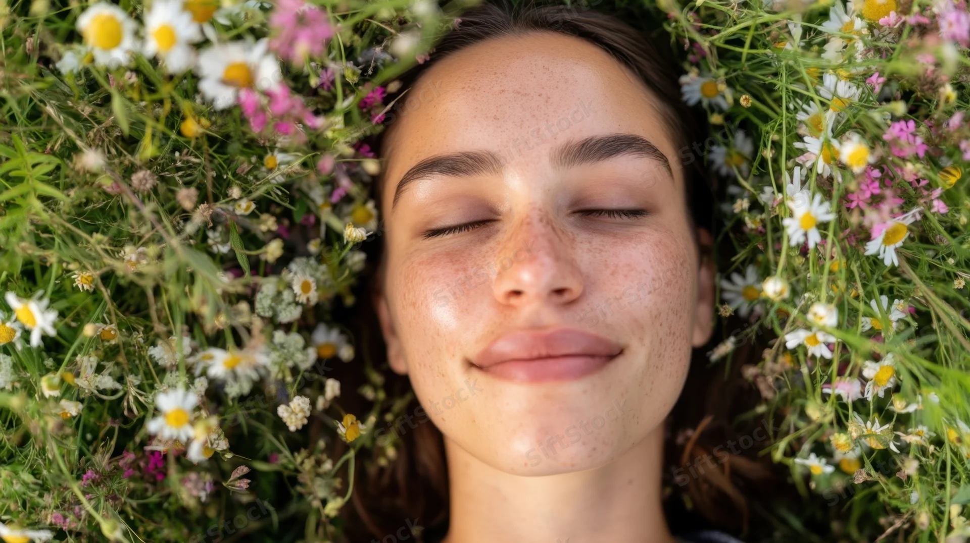 Young woman with closed eyes smiling gently while lying in a bed of wildflowers and greenery