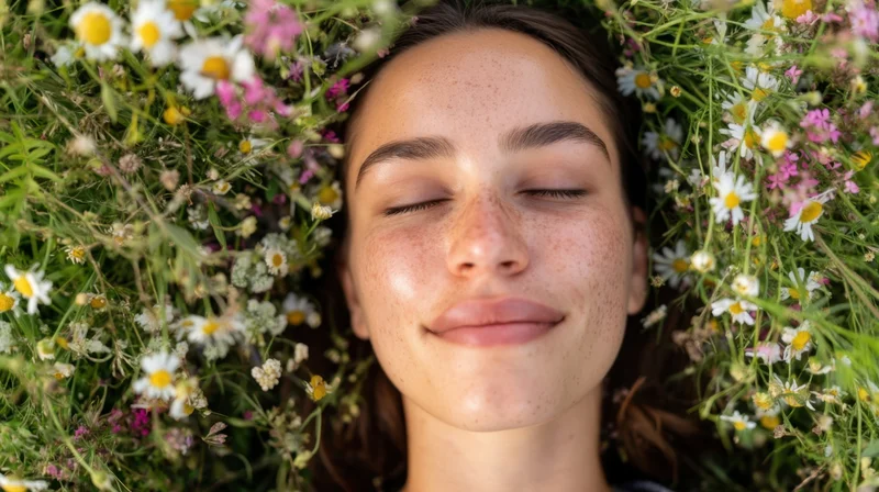 Young woman with closed eyes smiling gently while lying in a bed of wildflowers and greenery