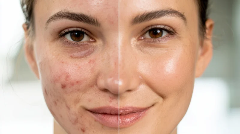 Woman's face split showing acne before and clear skin after treatment