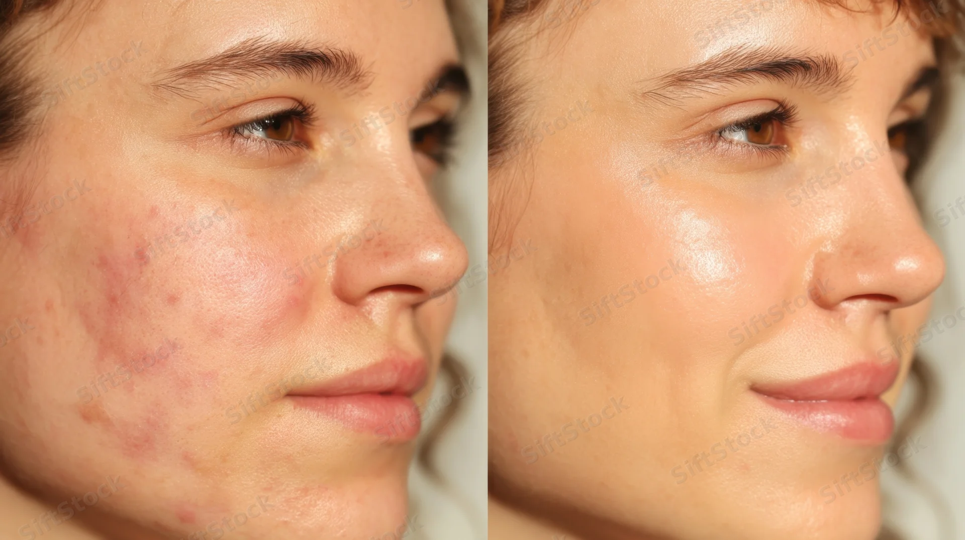 Woman’s face showing acne before and clear skin after treatment