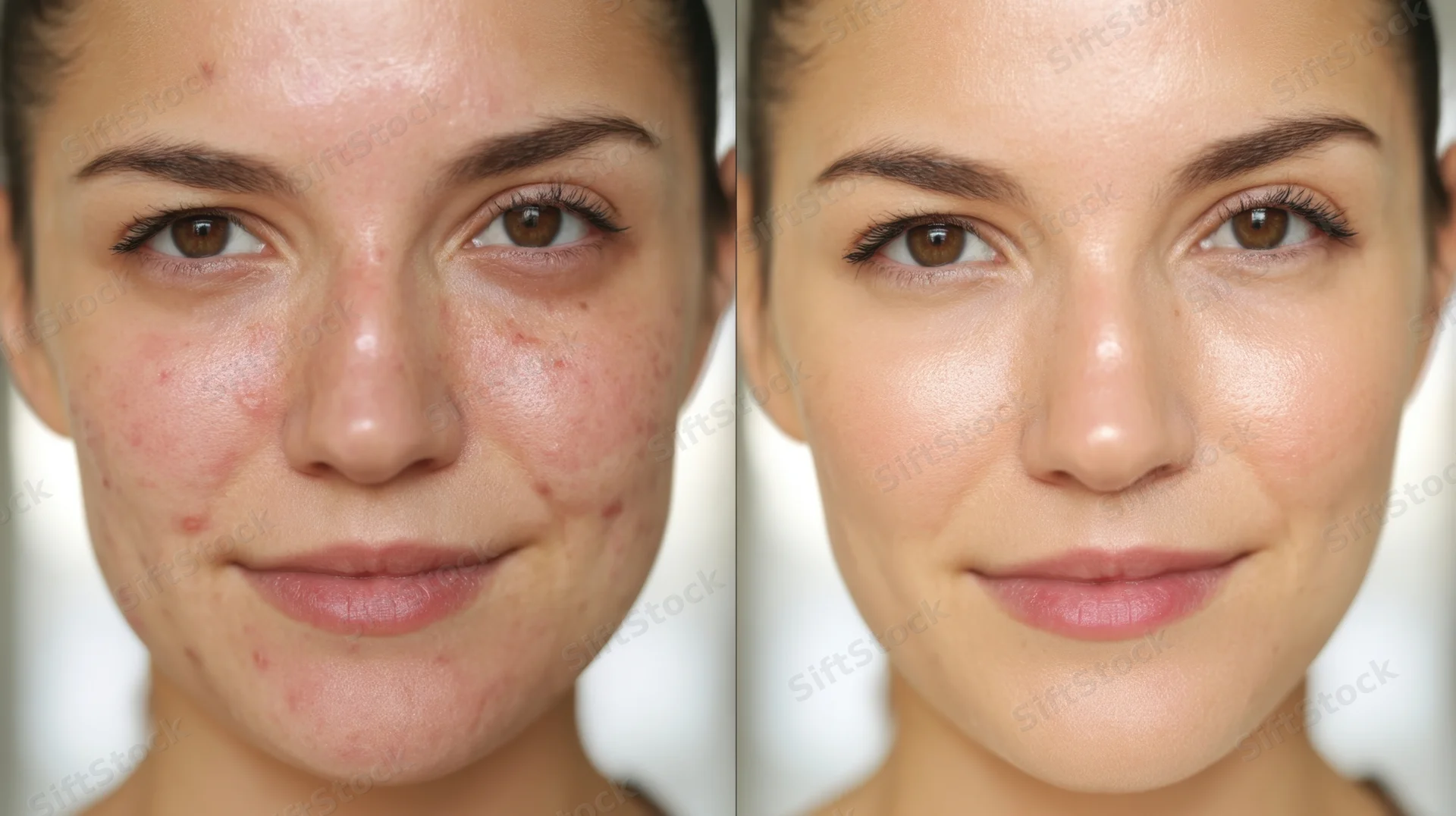 Woman's face before and after acne treatment showing clear skin improvement