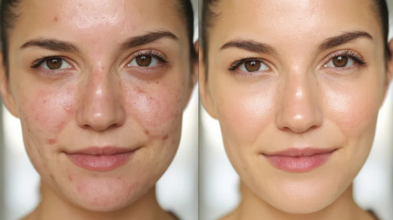 Woman's face before and after acne treatment showing clear skin improvement