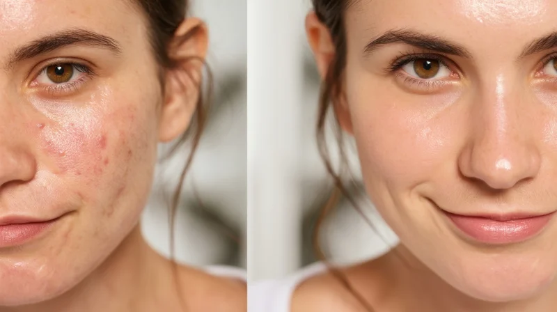Woman's face showing before and after skincare treatment with clear skin on the right side