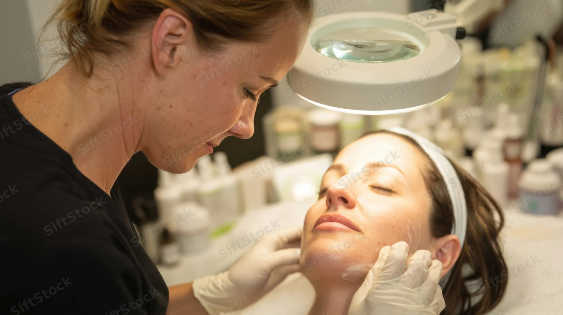 Esthetician applying facial treatment to client under magnifying lamp in spa setting