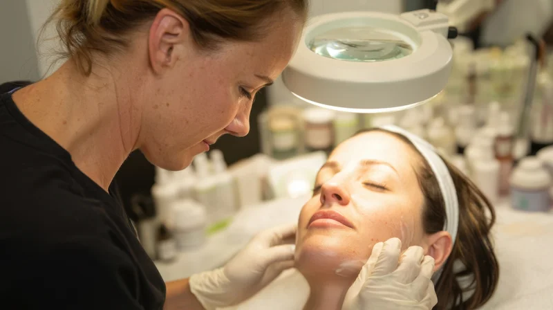 Esthetician applying facial treatment to client under magnifying lamp in spa setting