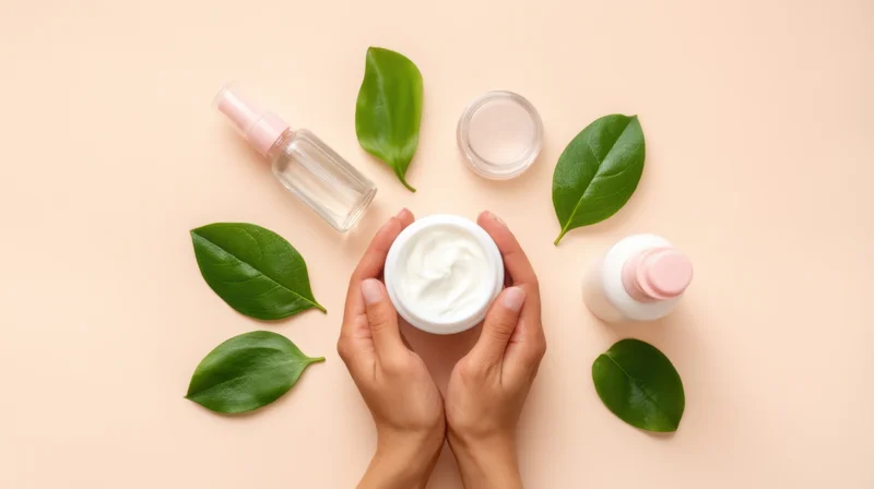 Hands holding a jar of white cream surrounded by green leaves and skincare bottles on a beige surface