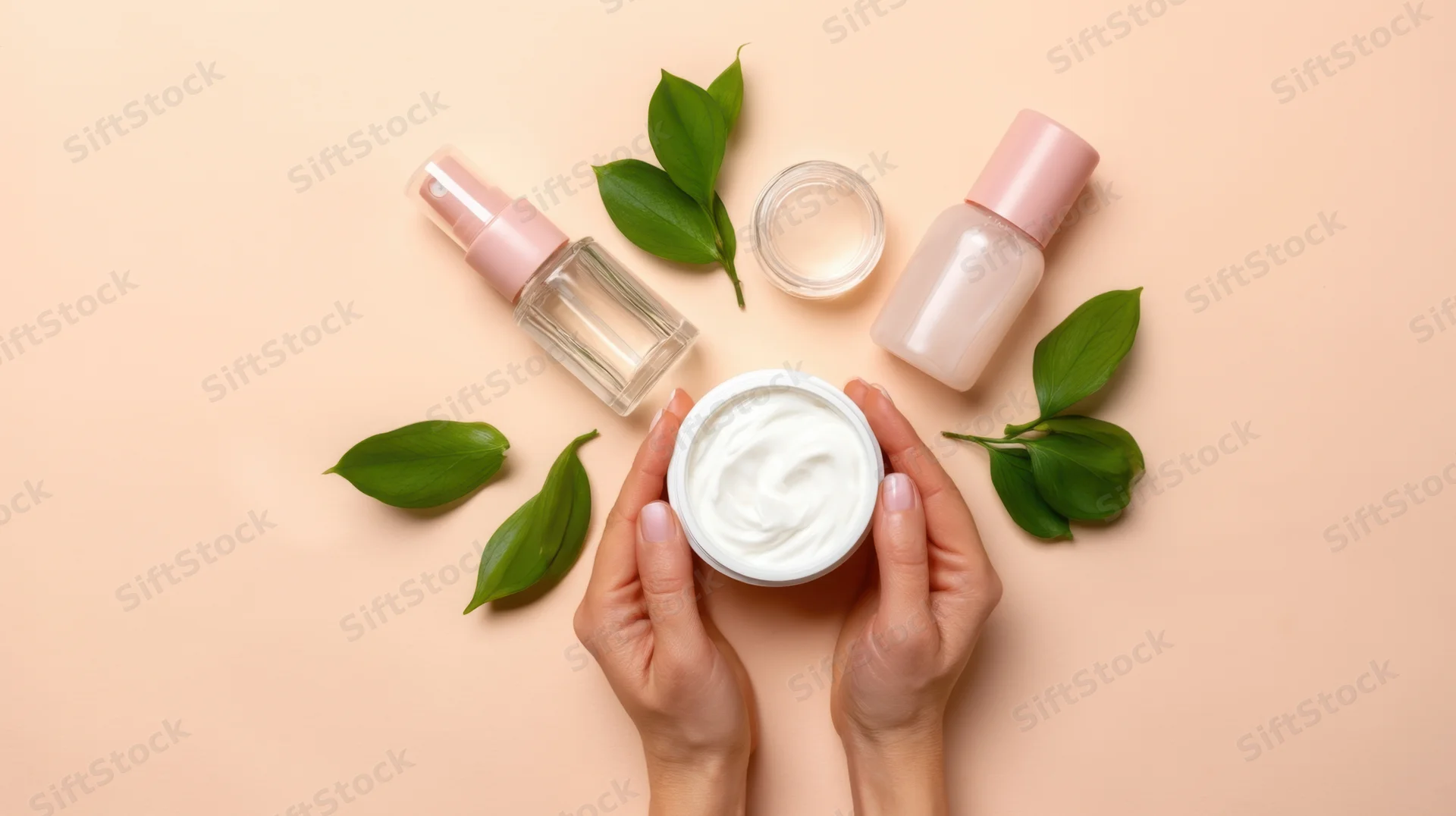 Hands holding a jar of white cream surrounded by skincare bottles and green leaves on a beige background