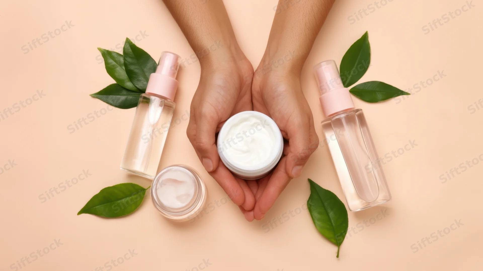 Hands holding a jar of white cream surrounded by skincare bottles and green leaves on a beige surface