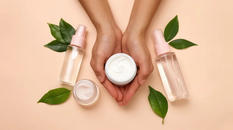 Hands holding a jar of white cream surrounded by skincare bottles and green leaves on a beige surface