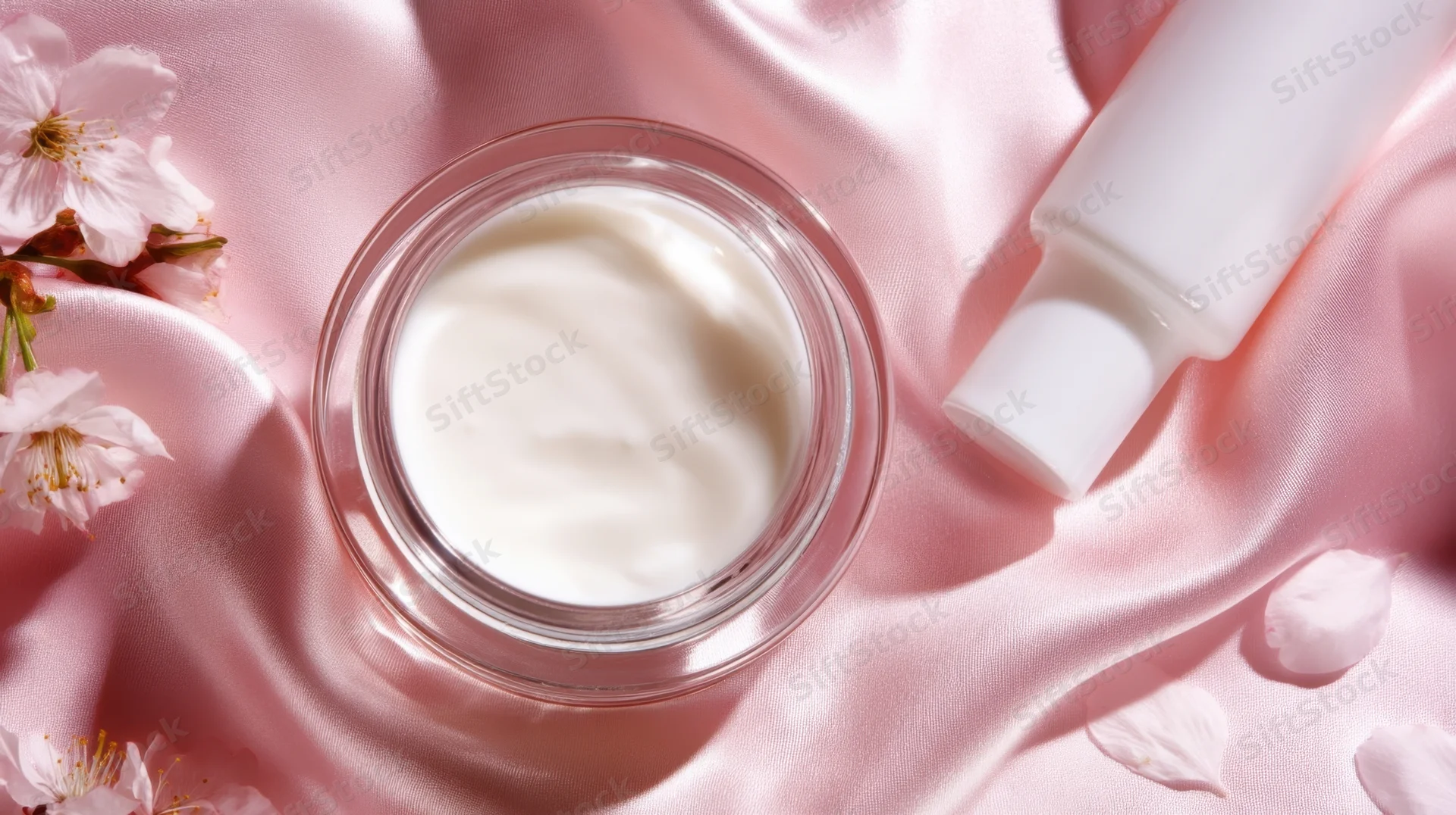 Open jar of white cream and white tube on pink silk with cherry blossoms and petals