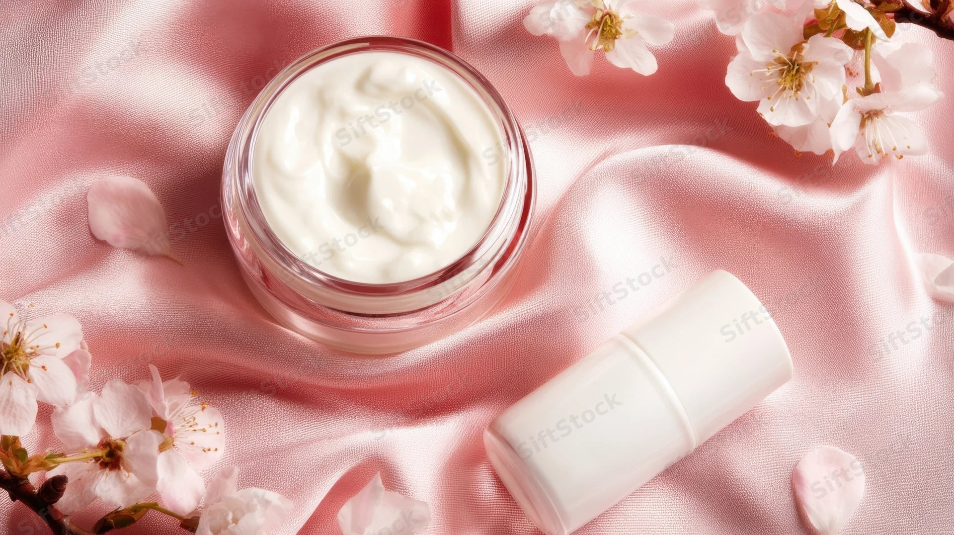 Open jar of white cream and bottle on pink silk with cherry blossoms and petals