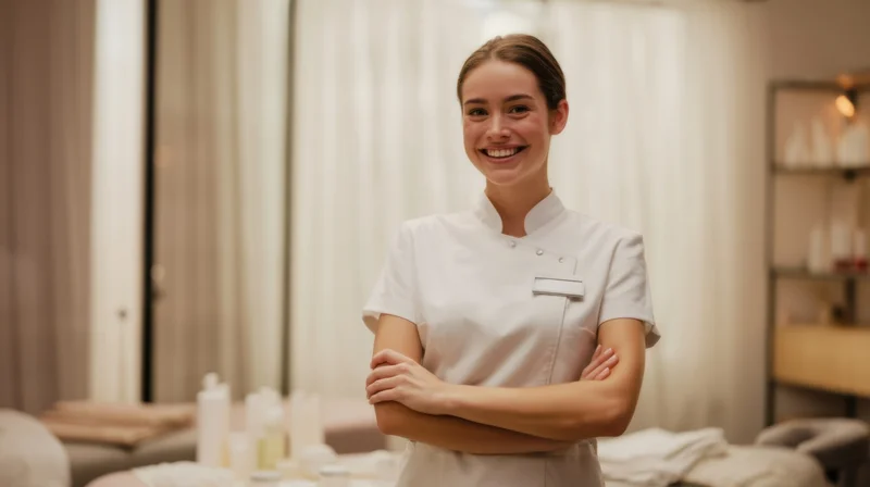 Smiling woman in white uniform with arms crossed in spa treatment room