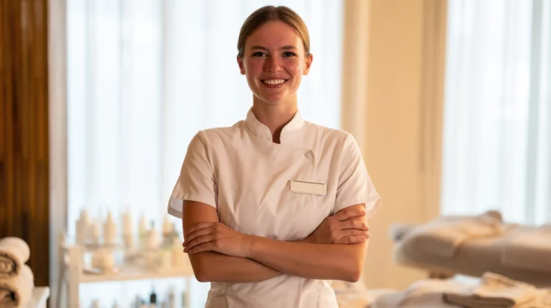 Smiling woman in white uniform with arms crossed in a spa treatment room