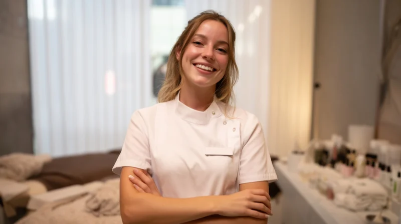 Smiling woman in white uniform with arms crossed in a spa salon interior