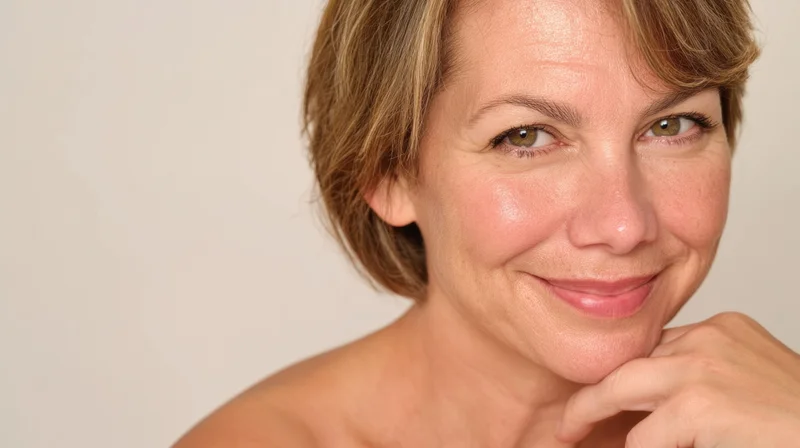 Smiling woman with short blonde hair touching her chin in a studio portrait
