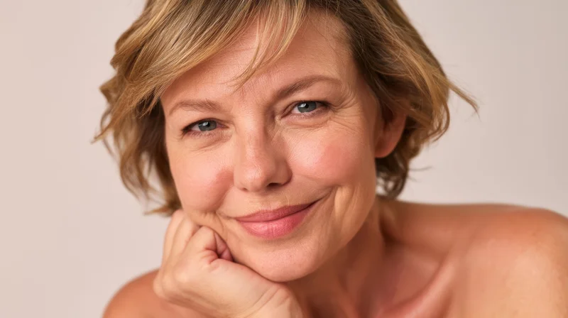 Smiling woman resting her chin on her hand in a studio portrait