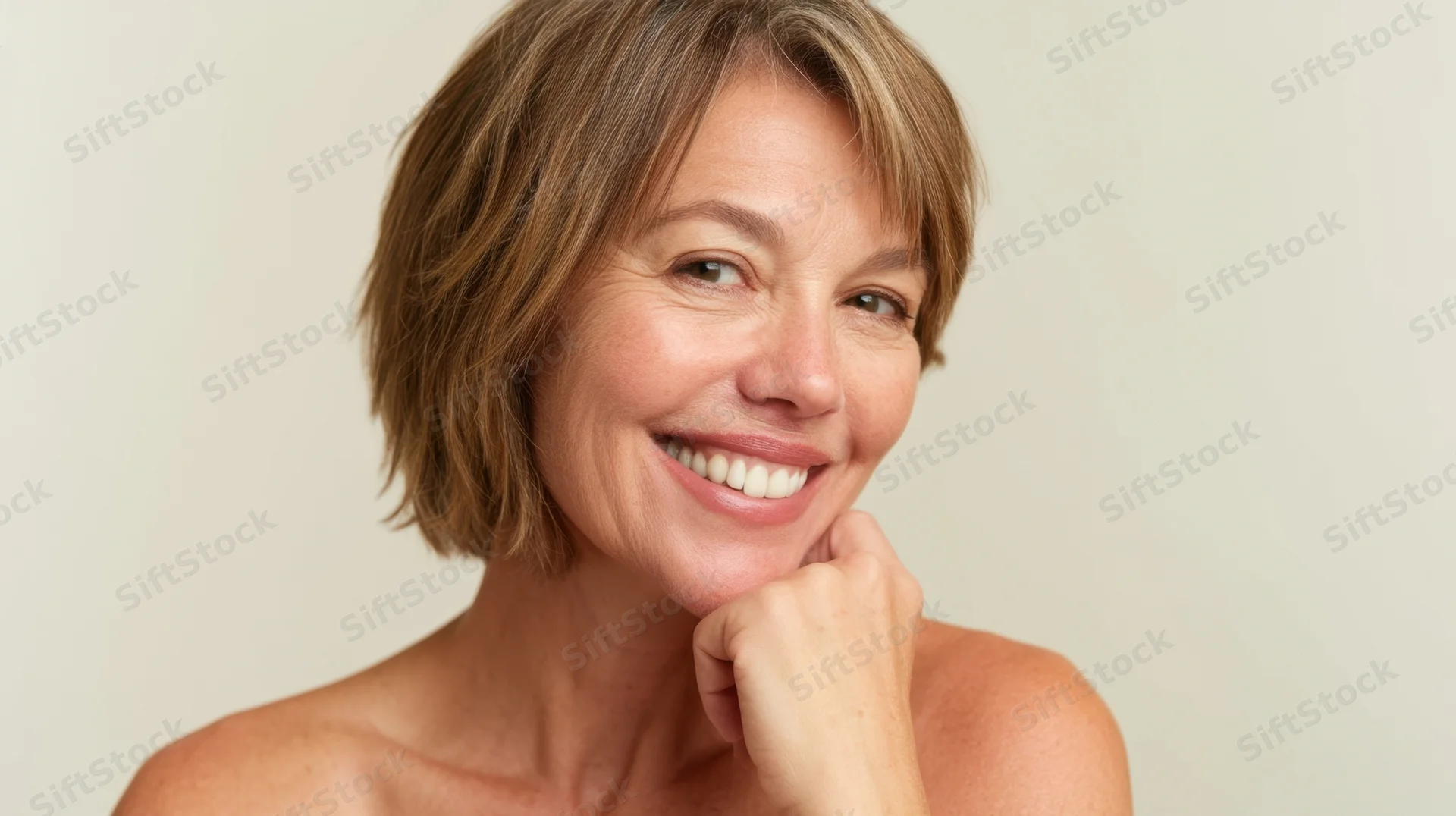 Smiling woman with hand on chin in studio portrait