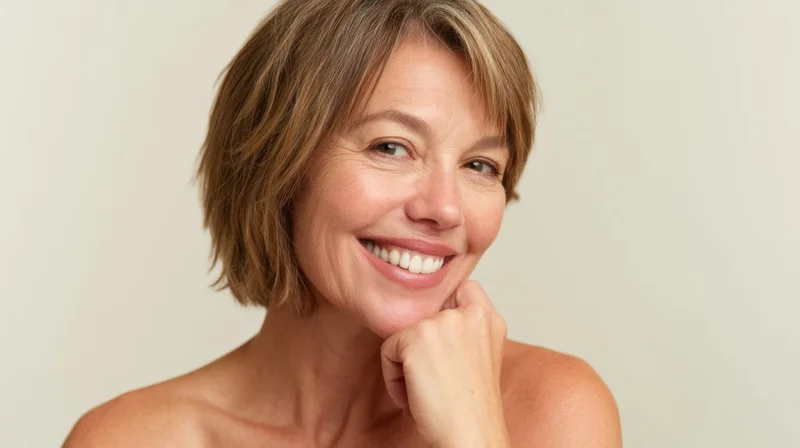 Smiling woman with hand on chin in studio portrait