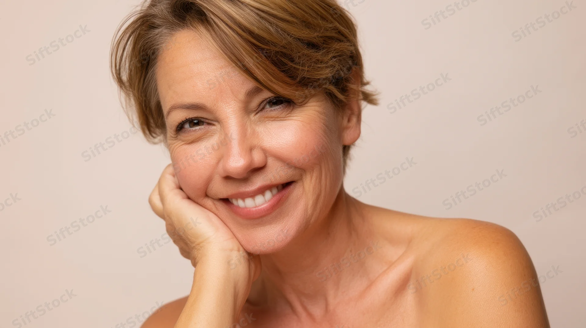 Smiling middleaged woman resting her chin on her hand in a closeup portrait