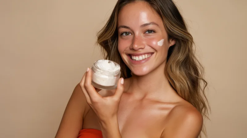 Woman smiling while holding a jar of cream with a dab on her cheek