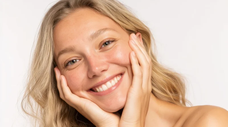 Smiling woman holding her face with hands against white background