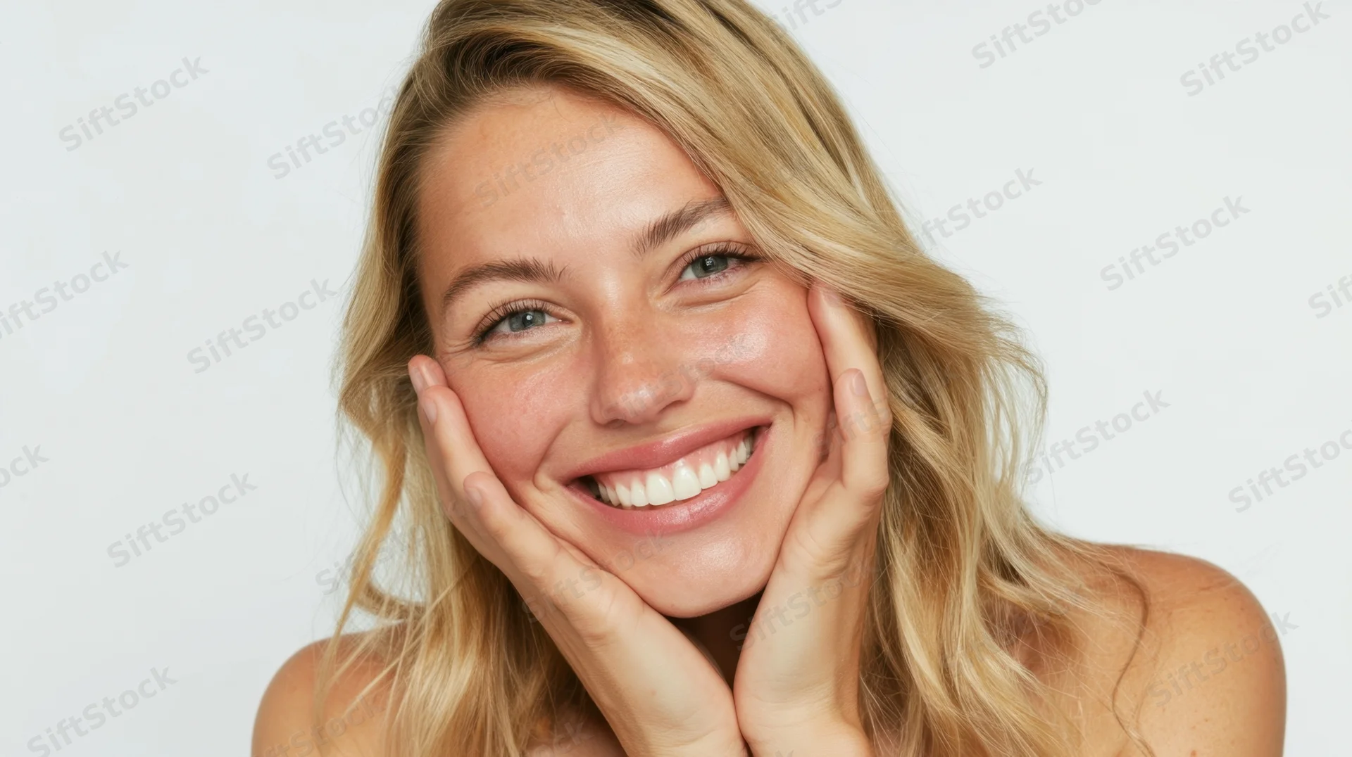 Smiling blonde woman holding her face with hands in studio portrait