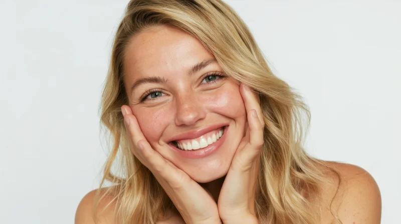 Smiling blonde woman holding her face with hands in studio portrait