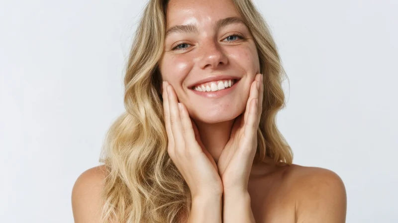 Smiling woman touching her face with hands against white background