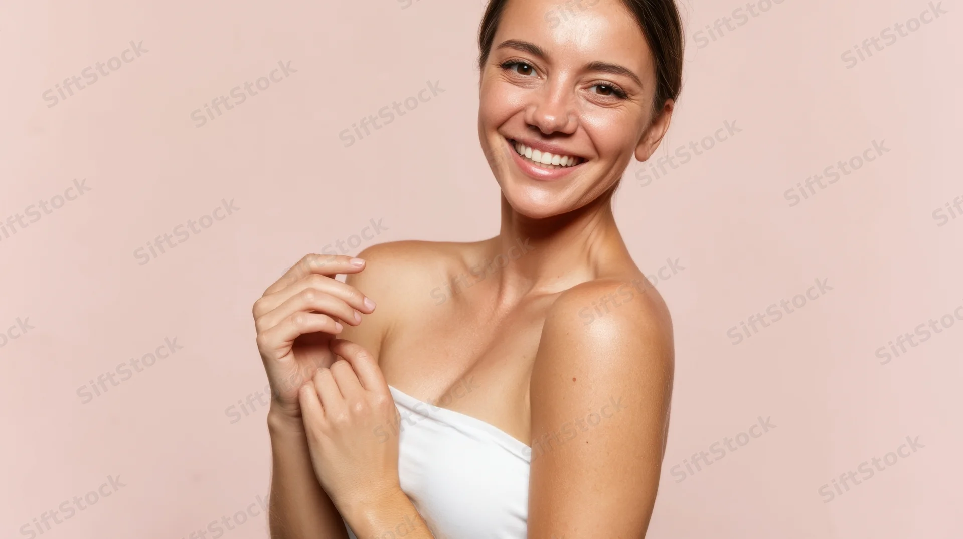 Smiling woman touching her shoulder in a white top against a pink background